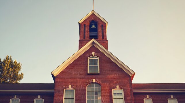 A retro schoolhouse building with red bricks and a tall bell tower set against a clear sky