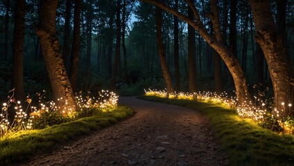 Obraz premium Tiny lights line the path and ground.