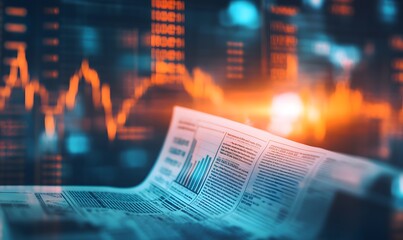 A digital representation of financial news, showcasing a newspaper with stock market data and abstract graphics in a vibrant, modern style.