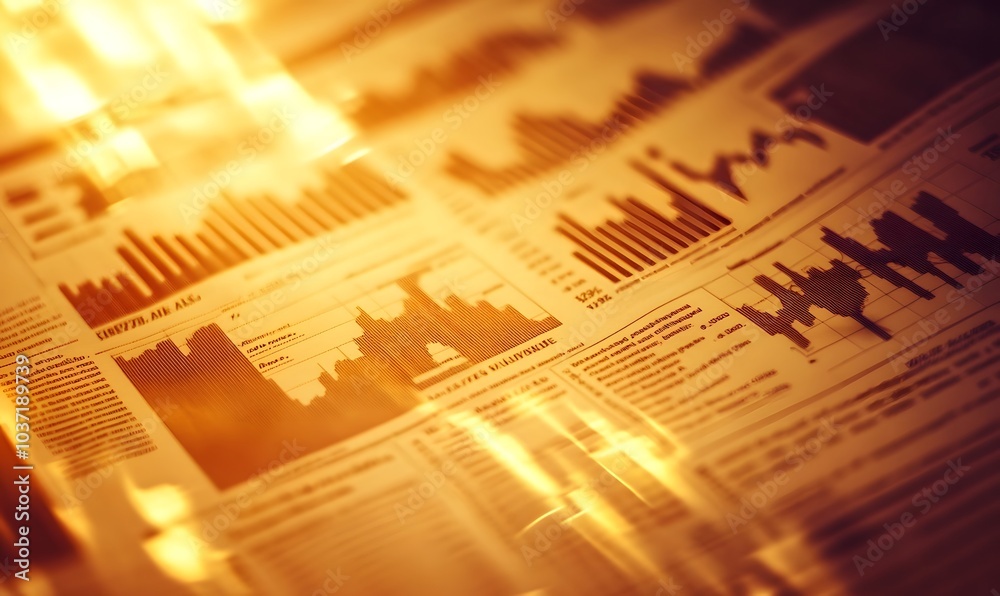 Poster A vibrant close-up of financial graphs and charts, showcasing data analysis in a warm, glowing light.