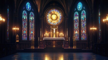 Fototapeta premium A beautiful church altar with a radiant monstrance, glowing candles, and a chalice, set beneath stained glass windows casting soft colors