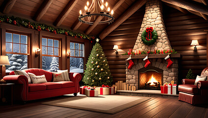 Obraz premium cozy classic cabin interior features christmas tree fireplace wooden roof floors digital painting style illustration
