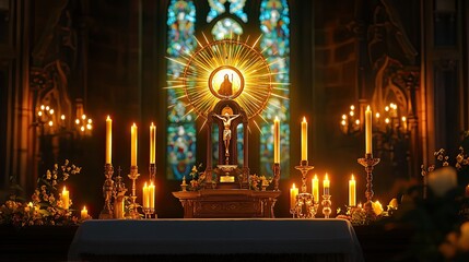 A church altar bathed in soft lighting, showcasing a golden monstrance, glowing candles, and a chalice under the beauty of stained glass