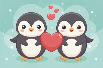Obraz premium Cute Penguins with Heart - Kawaii Valentine Animal Character Minimalist Illustration