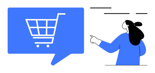 Woman pointing towards a blue speech bubble with a white shopping cart symbol. Ideal for online shopping, e-commerce, digital marketing, retail business, and customer interaction themes. Minimalist