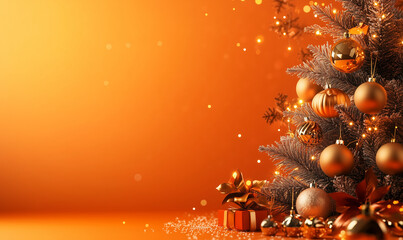 New Year and Christmas decorations, balls and xmas tree on yellow background, generated ai 