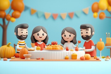 A cheerful, animated scene of four friends enjoying a festive meal surrounded by autumn decorations like pumpkins and colorful banners.