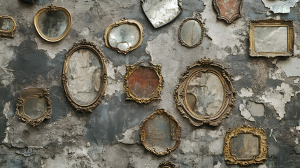 Fototapeta premium A slightly chipped, weathered wall adorned with small antique mirrors of different shapes and ornate frames