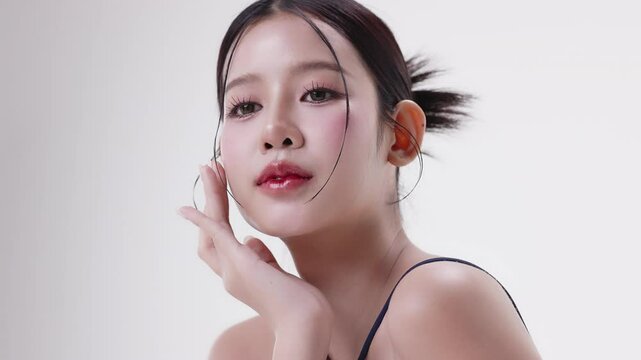 Slow motion of beautiful young Asian girl with k-beauty make up style on isolated white background. Healthy and fresh skin woman footage for cosmetic, skin care commercial advertising.
