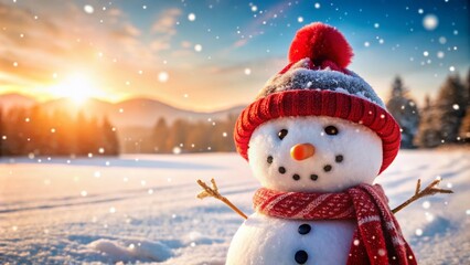 Obraz premium Cute Snowman with Red Scarf in a Winter Wonderland - Joyful Snowy Field Scene