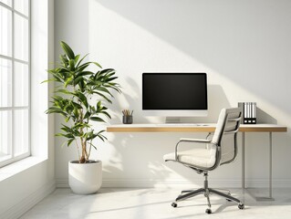 Modern minimalistic home office setup with desktop computer and green plant, bathed in natural light, creating a serene workspace environment.