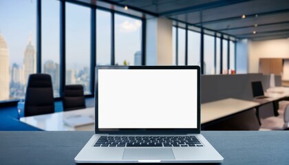Fototapeta premium Close up of creative wide designer desk with empty white laptop and blurry office in the background. Mock up, 3D Rendering.
