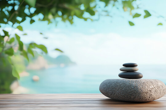 Tranquil stone stacking with nature's serenity in the background a symbol of peace and balance