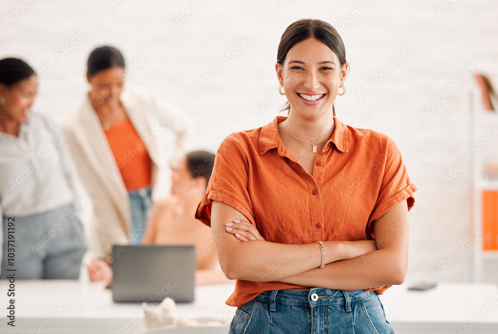 Poster Office, businesswoman and portrait with pride for digital agency, leadership and startup progress. Boardroom, team and female manager with arms crossed for publication industry, happiness and career