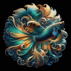 Ultra-Realistic 8K Illustration of a Betta Fish with Intricate Swirling Patterns, Ornate Fins, and Vibrant Colors, Inspired by Baroque Art and Nature’s Fluid Elegance