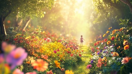 Obraz premium A vibrant garden pathway filled with colorful flowers under a bright forest, leading a child into daylight.