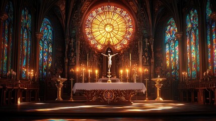 Obraz premium A sacred altar scene with a luminous monstrance, candles, and chalice, under a canopy of stained glass colors in a peaceful church setting