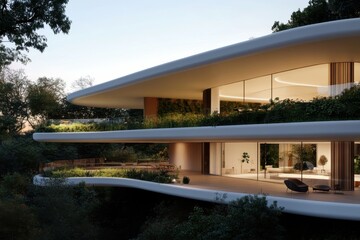 A contemporary home seamlessly integrated into a lush, natural setting, featuring expansive glass walls and open spaces, highlighting modern luxury in nature.