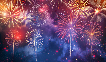 Naklejka premium New Year, colorful fireworks on a dark background, a panoramic banner with a copy space area. 