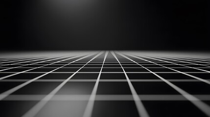 A black and white abstract grid pattern stretching into the distance, creating a perspective illusion with clean geometric lines..