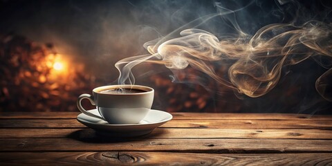 Dark and Cozy Double Exposure of Coffee in White Cup on Wooden Table