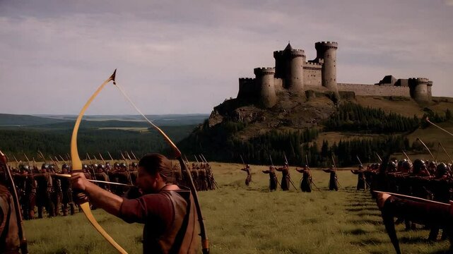 Medieval archers defending a castle wall, firing arrows toward advancing enemies in a strategic battle scene.
