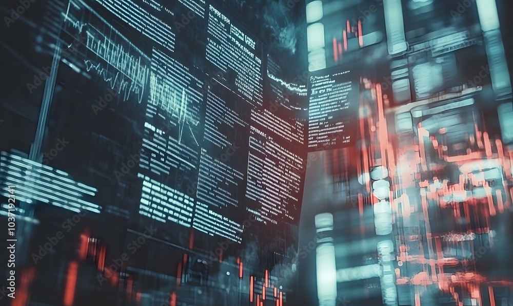 Poster A futuristic digital interface displays data streams and fluctuating graphs, representing finance and technology.