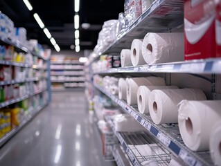 Close-up of a Toilet Paper Shortage in a supermarket, with clear lighting emphasizing the empty shelves and remaining rolls
