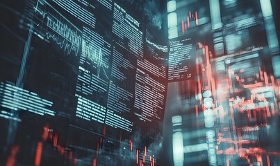 A futuristic digital interface displays data streams and fluctuating graphs, representing finance and technology.