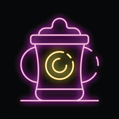 Neon sign showing a reusable coffee cup with a lid, glowing on a black background