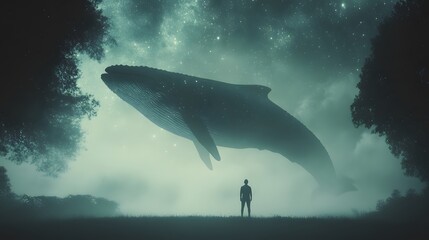 Fototapeta premium A surreal scene of a man standing before a giant glowing whale floating in a mystical, foggy landscape under the stars..