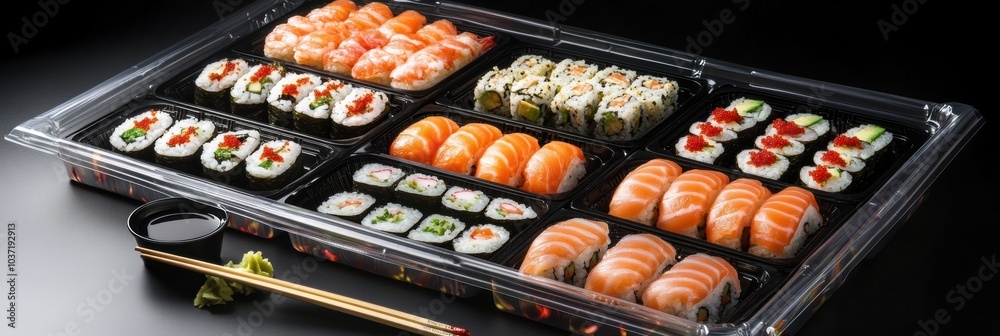 Poster several sushi platters showcase assorted rolls and sashimi, ideal for catering at parties or gatheri