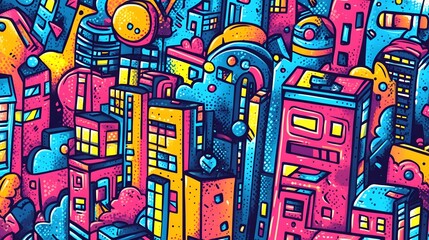 Obraz premium A vibrant, colorful abstract cityscape filled with geometric patterns and bright shapes, creating a lively and artistic urban scene..
