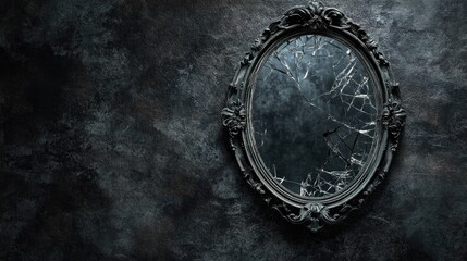 Fototapeta premium Eerie, cracked mirror with an ornate frame, casting dark reflections on a shadowy background, perfect for a horror setting