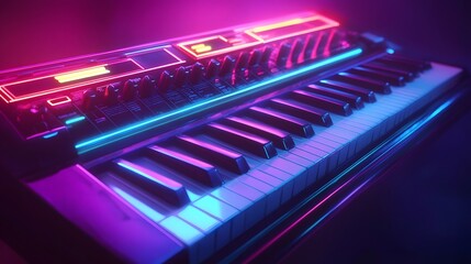 A realistic rendering of a vintage 80s synthesizer keyboard with glowing neon lights reflecting off its surface