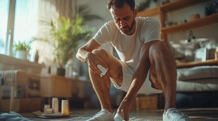 Person with acute muscle pain grimacing while stretching their leg and applying a pain relief cream showing intense discomfort