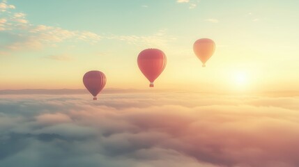 Fototapeta premium Tranquil sunrise with three hot air balloons soaring above fluffy clouds, capturing the serene beauty and adventure of early morning flight.