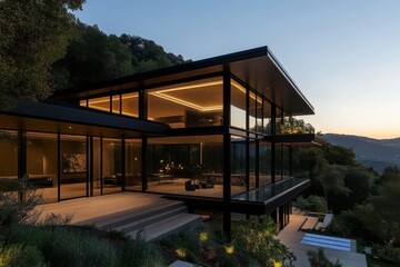 Obraz premium A chic modern home with black frames situated on a scenic hillside, offering expansive views, featuring warm internal lighting against the dusky landscape.