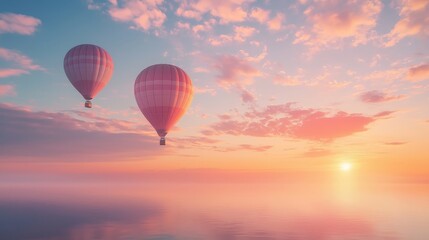 Fototapeta premium Two hot air balloons float silently against a vibrant sunset sky, creating a serene and picturesque scene over a calm, reflective body of water.