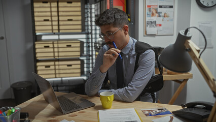 A thoughtful hispanic man with a moustache ponders over documents at his detective office desk,...