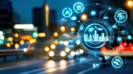 Futuristic cityscape with solar-powered skyscrapers and electric vehicles 