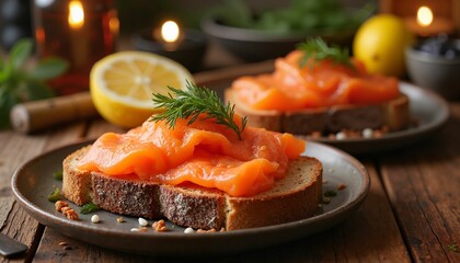 Gourmet Open-Faced Sandwich with Smoked Salmon and Fresh Dill on Rustic Bread