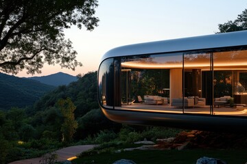 A sleek modern home set against a lush forested mountain backdrop, offering an expansive deck and stylish interiors with large glass windows, embraces nature effortlessly.