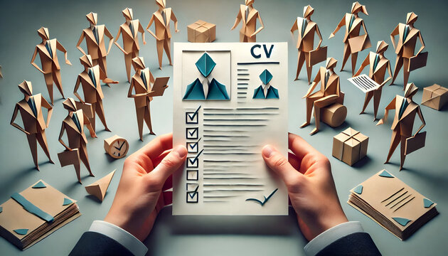 Origami Style Professional Recruitment Scene with Business Figures Holding CV and Documents