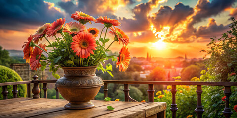 beautiful arrangement of vibrant gerbera daisies in rustic terracotta vase sits on wooden table, overlooking stunning sunset. warm colors of flowers complement breathtaking view, creating serene and