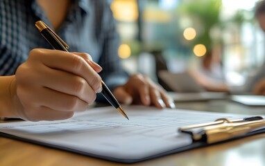 A close-up of a hand writing notes on a notepad with a pen in a bright and modern workspace, symbolizing productivity.