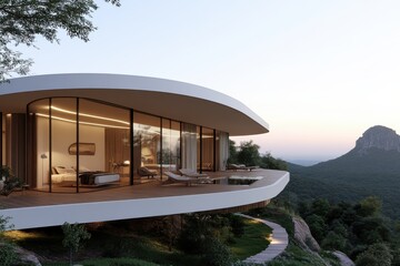 A contemporary bedroom cantilevers over a lush landscape, framed by expansive glass windows, offering a serene escape with breathtaking mountain and forest views.
