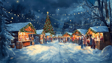 Watercolour Paint Christmas Market With