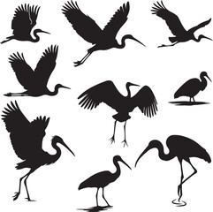 set of heron bird silhouette icon vector art illustration