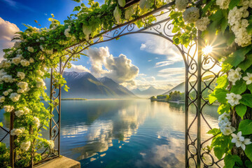 serene landscape featuring picturesque lake framed by lush greenery and blooming flowers. scene captures beauty of nature with mountains in background and tranquil reflection on water, evoking sense